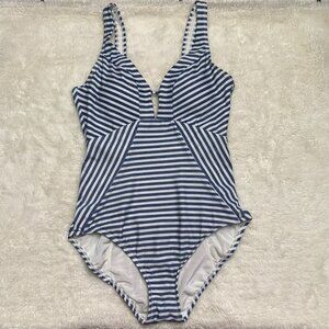 Women's Striped Blue White Retro Pinup One Piece Swimsuit Size M (8-10)